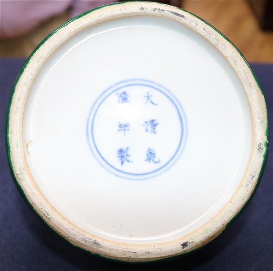 A Chinese blue and white landscape jar and a green glazed beehive-shaped water pot, 19th/20th century, 14 and 13.5cm